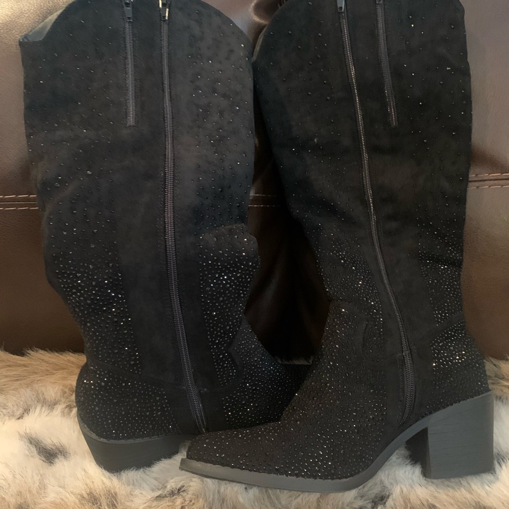 Pierre Dumas Black Rhinestone Western Pull-on Heeled Boots - Picture 2 of 13